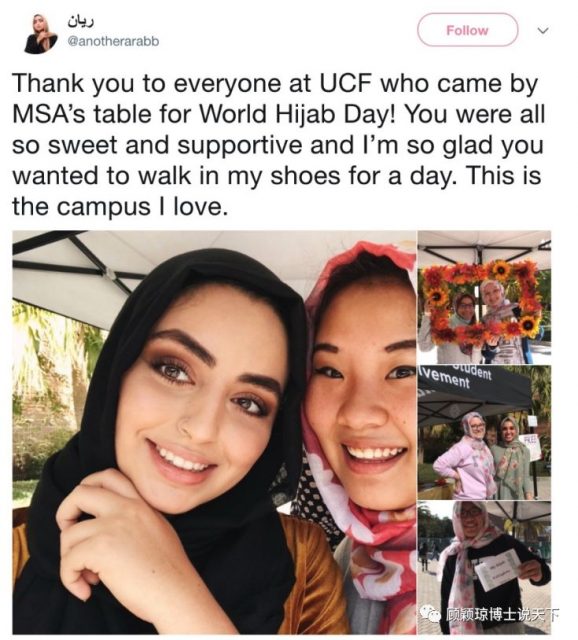昨天,美国佛罗里达大学,穆斯林女生对中国女生说: