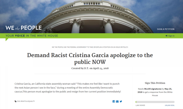 加州女议员曝歧视亚裔言论 民众白宫网站请愿要求其道歉并辞职