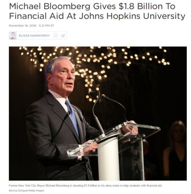 “18亿美金！” 布隆伯格宣布捐赠母校约翰·霍普金斯大学