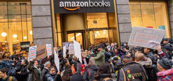 Image result for Amazon HQ2 protesters swarm Herald Square bookstore
