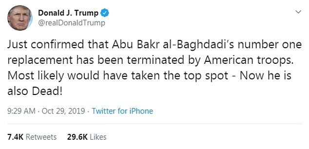 川普又宣布了 ISIS領袖頭號繼任者也被美軍殺死