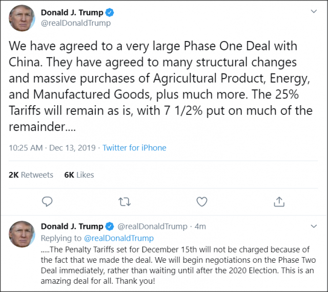 川普:与中国第一阶段贸易协议达成一致 新关税取消