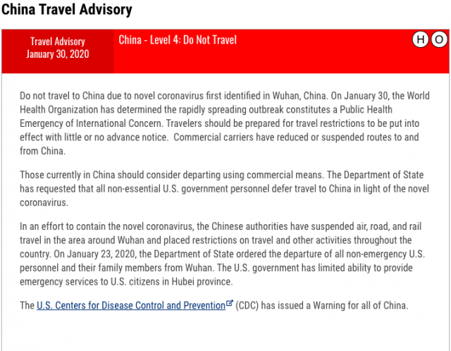美國務院最高級別警告：美國公民不要前往中國