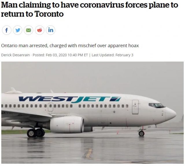 飞机飞行中 加拿大男子突然大喊: 我去过武汉 染上了肺炎!