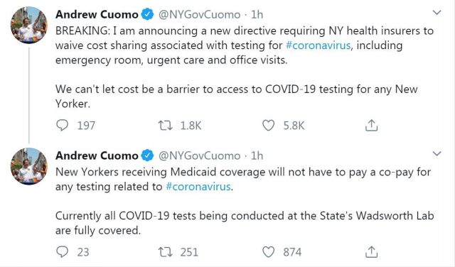 紐約州患者接受新冠病毒檢測不收費
