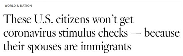 超百萬美國人領不到1200美元紓困現金，只因配偶是非法移民