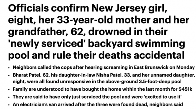 悲剧，美女童自家泳池戏水遇溺，家人出手相救，不幸三代都溺亡