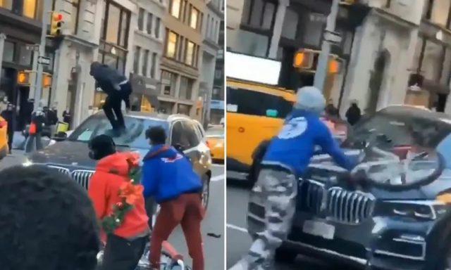 紐約暴力混混們當街用單車狠砸寶馬車，簡直可怕...