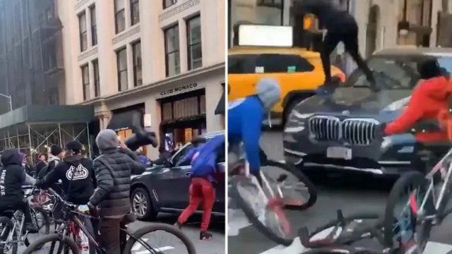 纽约暴力混混们当街用单车狠砸宝马车，简直可怕...