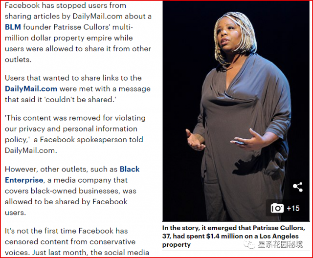 言论自由？Facebook封禁了每日邮报等媒体关于“BLM”创始人在白人区多处豪宅的新闻…推特也积极跟进