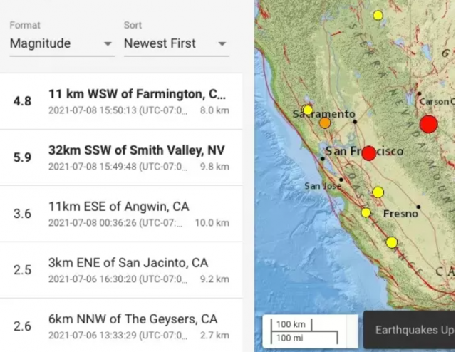 6级地震，75次余震，加州与内华达交接大块山石滚落