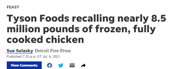 全国超市都有卖！泰森召回850万磅鸡肉，或感染李斯特菌