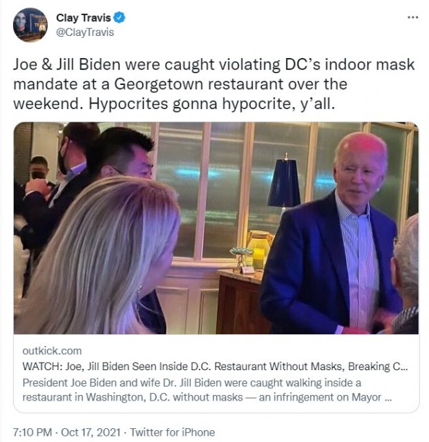 拜登在高档餐厅违反了华盛顿特区的口罩规定,被视频逮个正着