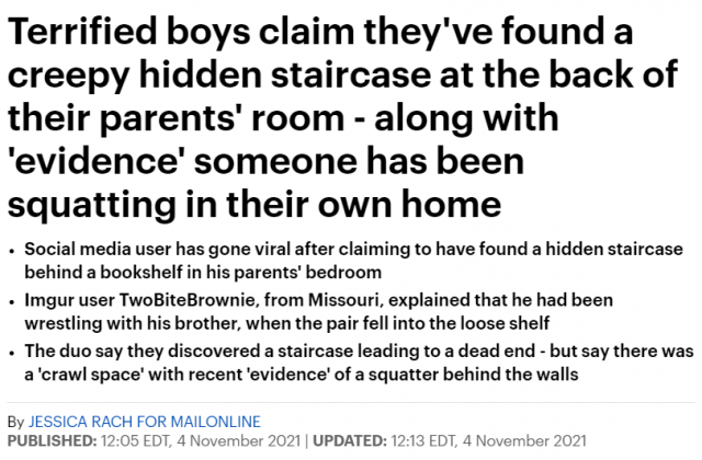 嚇哭! 美國網友發現父母卧室驚現秘密通道和詭異娃娃! 裡面還有人住！
