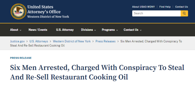 “2次赚000”！纽约6华人涉偷地沟油转卖 开车贷餐馆作案