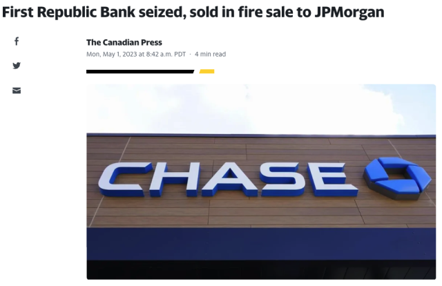 美国又一家银行倒闭! 摩根大通花106亿成