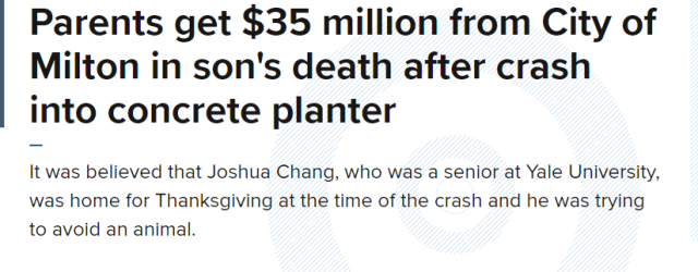 华裔耶鲁高材生撞花坛意外去世，父母获赔3500万美元