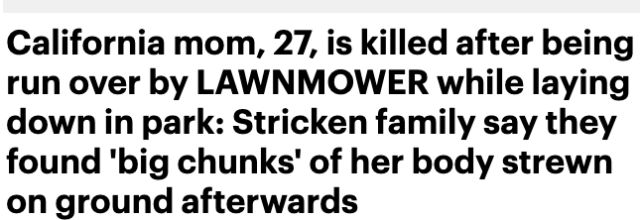 美国27岁女子躺公园睡觉 竟遭大型割草机碾过 1秒分尸 头骨牙齿碎一地 网友却狂喷