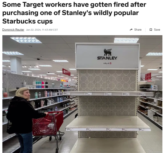 Target百货员工，因购入公司专卖Stanley保温杯被解雇