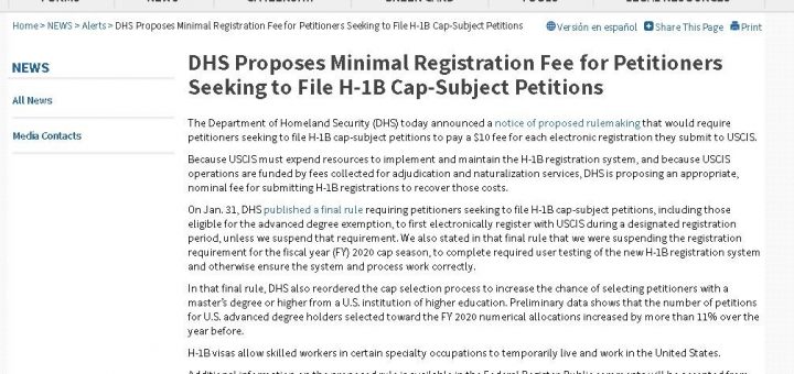 国安部拟推新规，征收H1-B申请者电子注册费