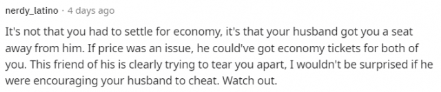 「丈夫給自己和朋友訂了頭等艙機票，卻給我訂了經濟艙！」