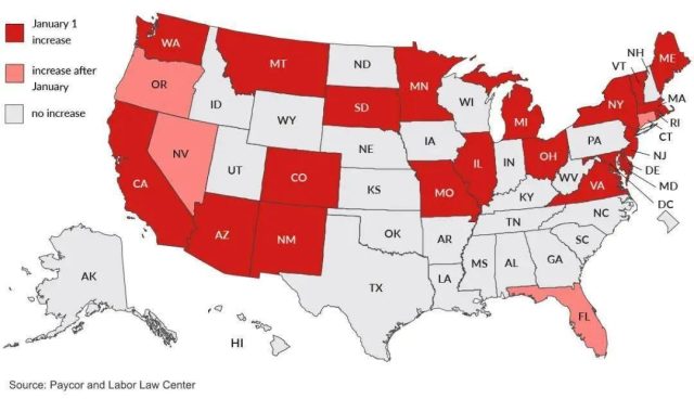 全美23州提高最低工资，最高一小时17美元